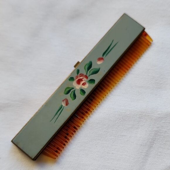 Vintage 1950's Brass and Guilded Enamel Comb with Handpainted Florals - Picture 1 of 8